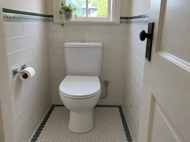 Clean white toilet in a tiled bathroom with window and toilet paper holder in Chatswood