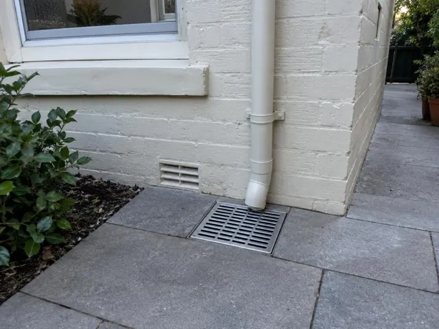 Outdoor drain grate beside a painted brick house wall and downpipe, with dry paving in Lane Cove